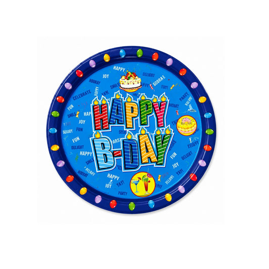 Round blue plate with colorful 'Happy B-Day' text and birthday-themed illustrations on a white background
