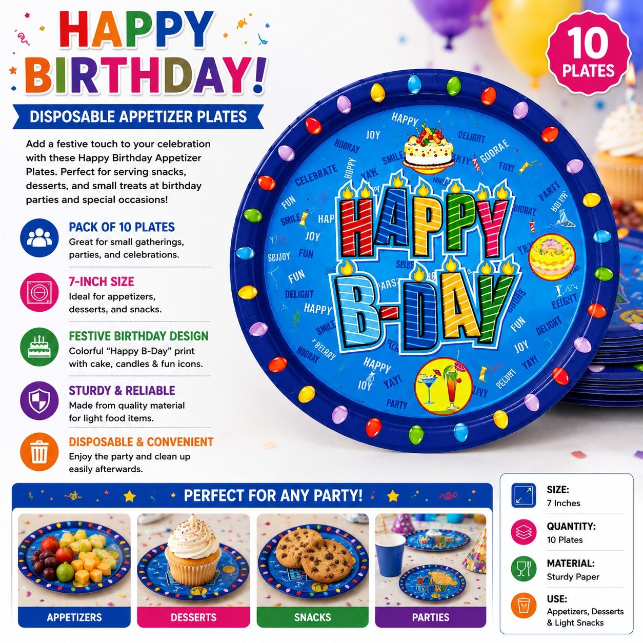 Happy Birthday disposable appetizer plates with colorful design on a white background