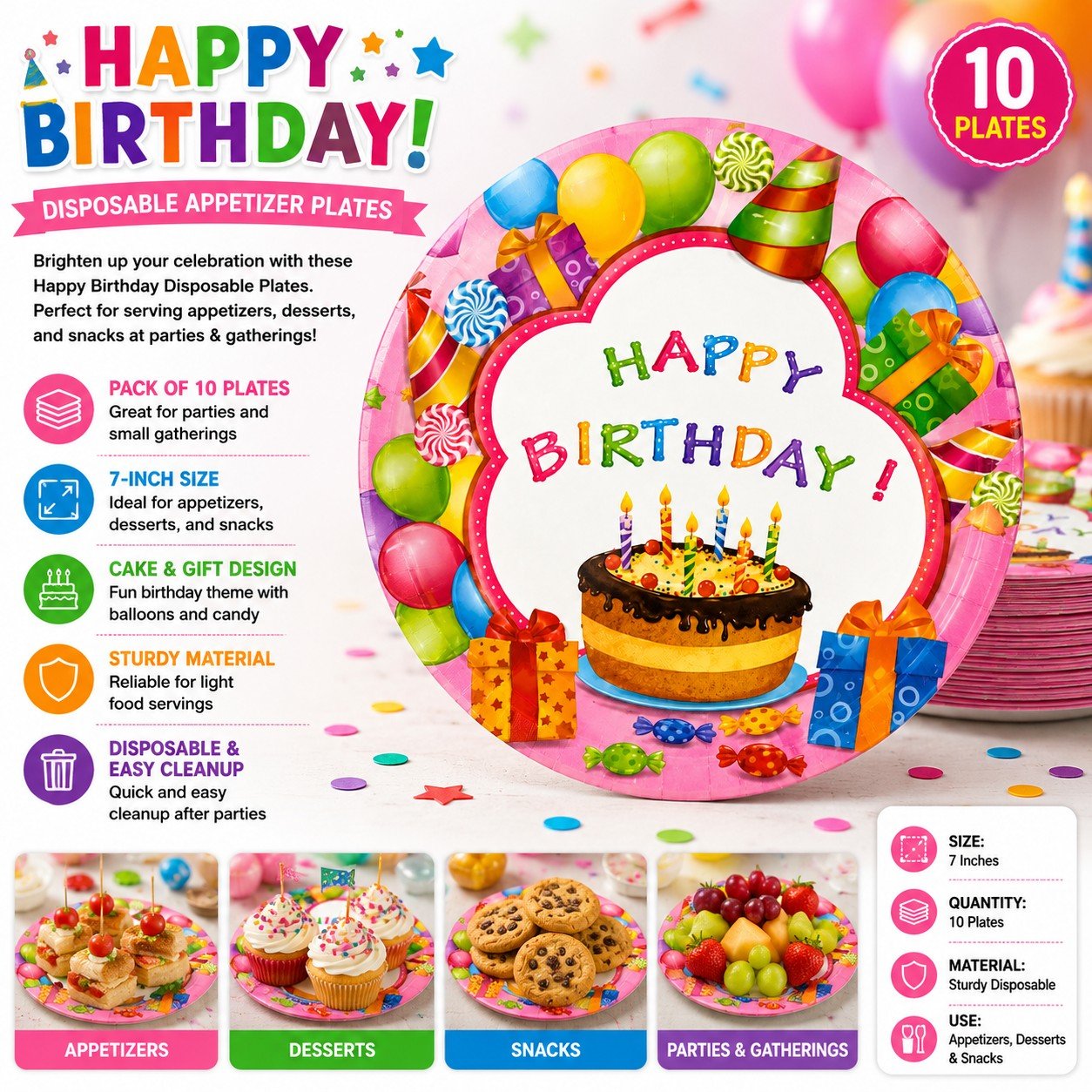Happy Birthday disposable appetizer plates with colorful design and text, displayed on a white background.