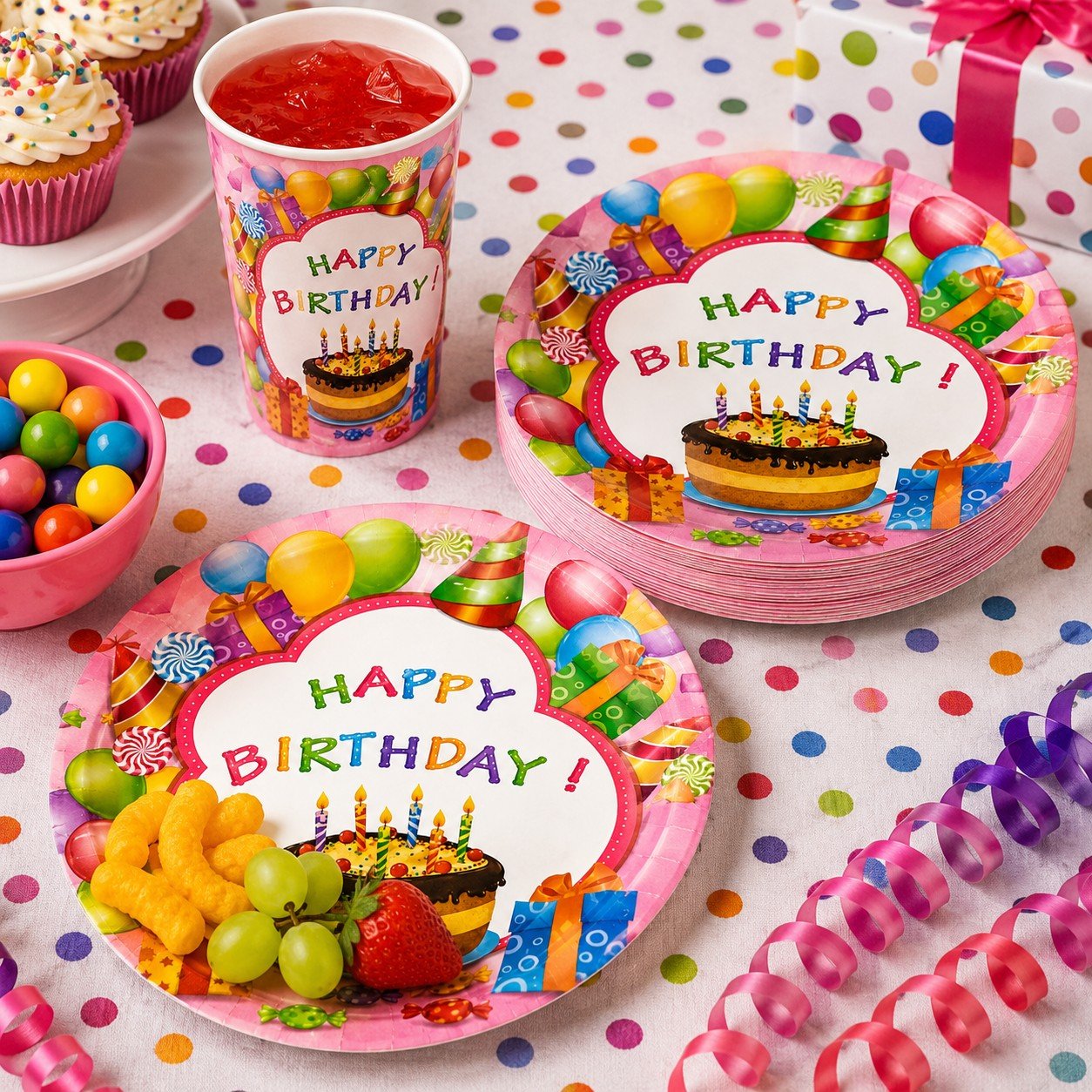 Birthday party supplies including plates, cups, and decorations on a polka dot tablecloth.