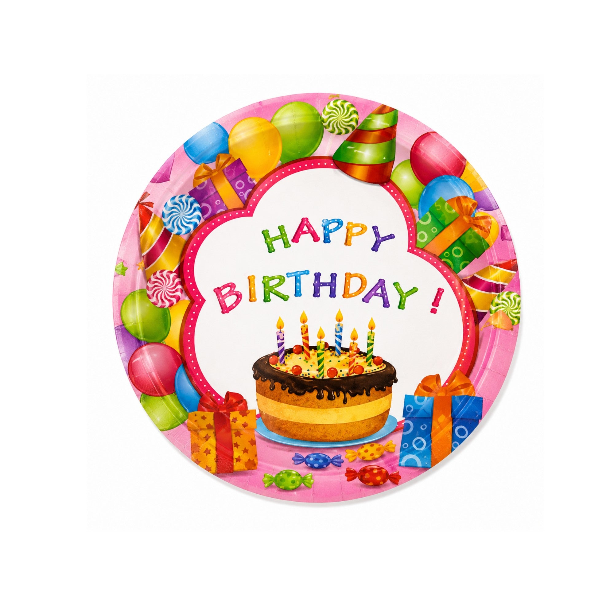 Colorful birthday-themed plate with cake, candles, balloons, and presents on a white background