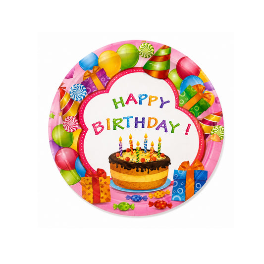 Colorful birthday-themed plate with cake, candles, balloons, and presents on a white background