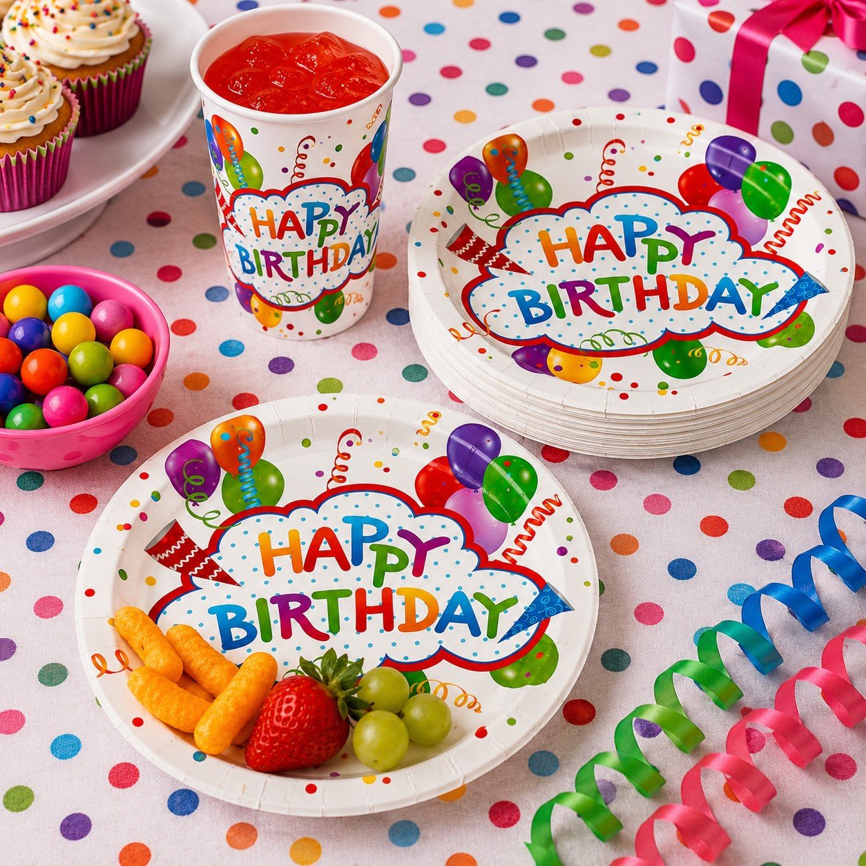 Birthday party setup with colorful plates, cups, and snacks on a polka dot tablecloth.