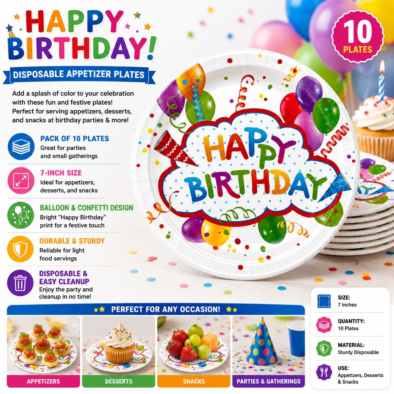 Disposable appetizer plates with 'Happy Birthday' design on a colorful background
