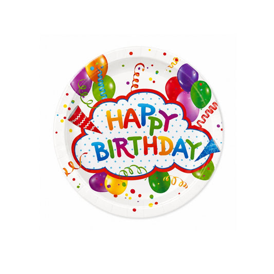 Colorful 'Happy Birthday' plate with balloons and party hats on a white background