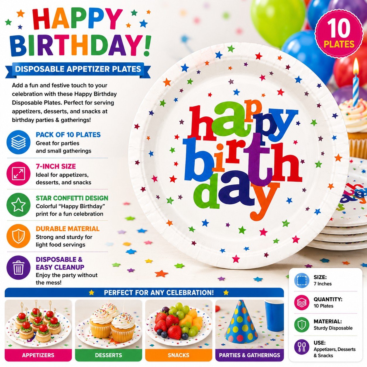 Disposable appetizer plates with 'Happy Birthday' design on a colorful background