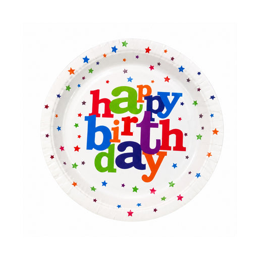 Paper plate with colorful 'happy birthday' text and star patterns on a white background