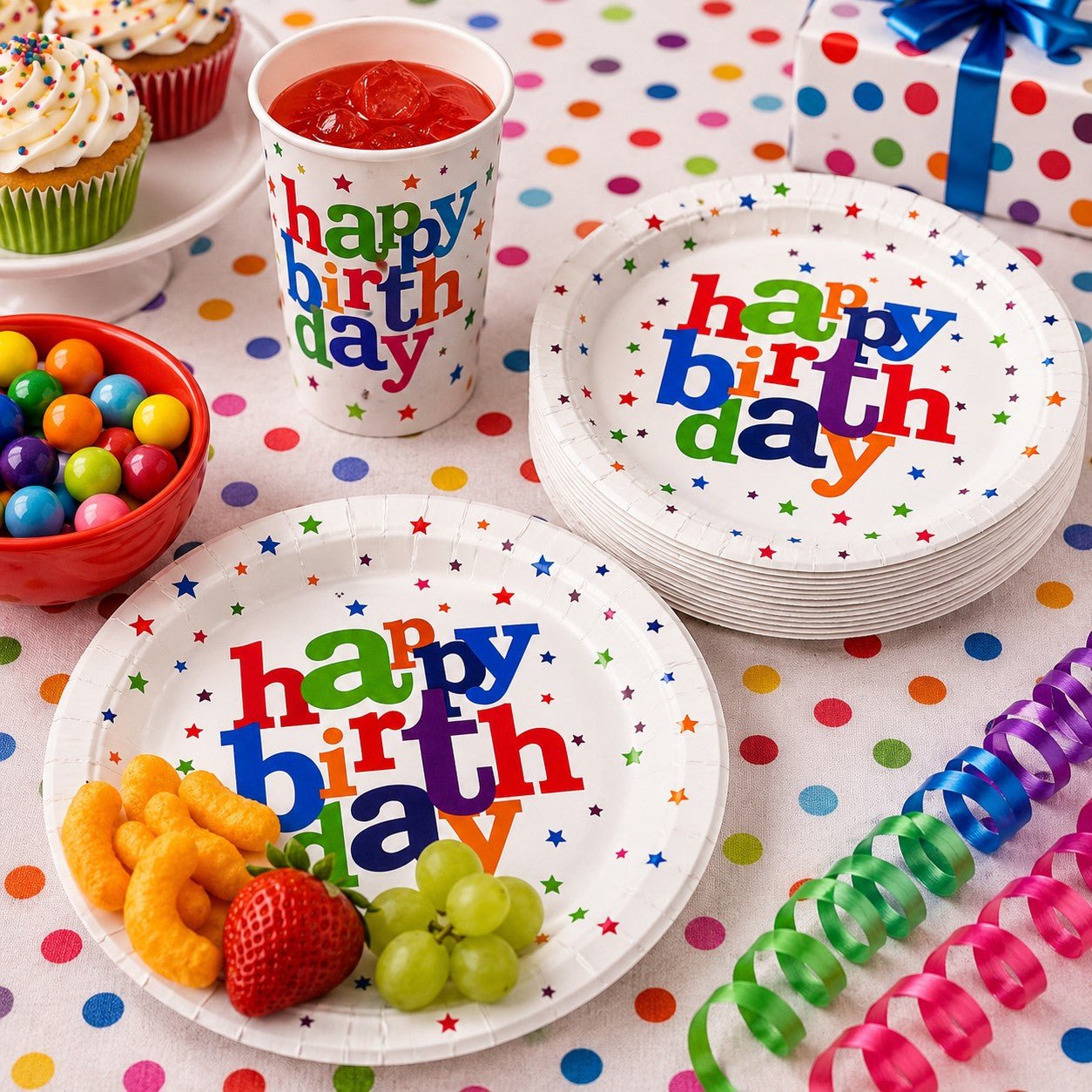 Birthday party setup with 'happy birthday' plates, cups, and snacks on a polka dot tablecloth.