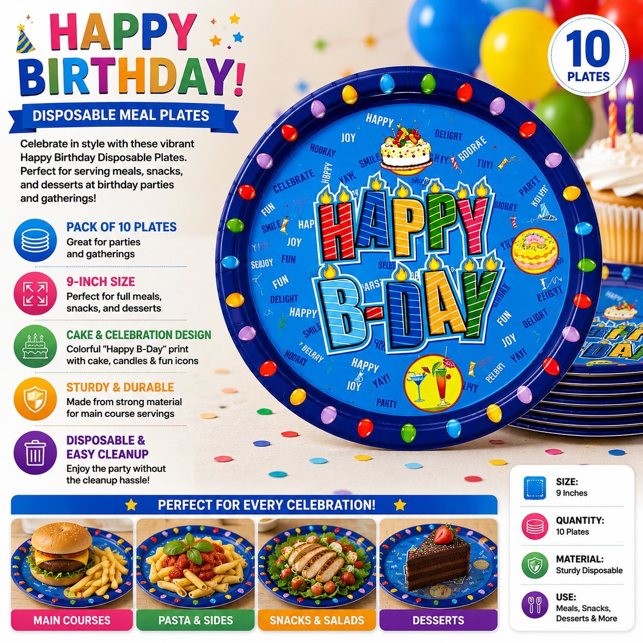 Happy Birthday disposable meal plates with colorful design and text on a white background.