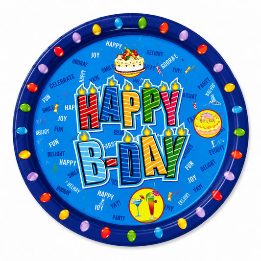 Colorful birthday-themed paper plate with decorative elements on a white background