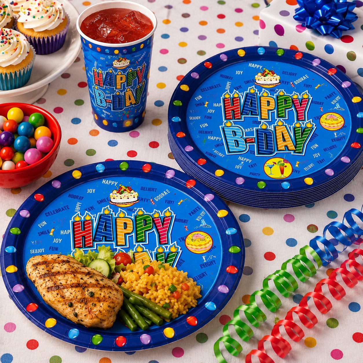 Colorful birthday party supplies including plates, cups, and decorations on a polka dot tablecloth.