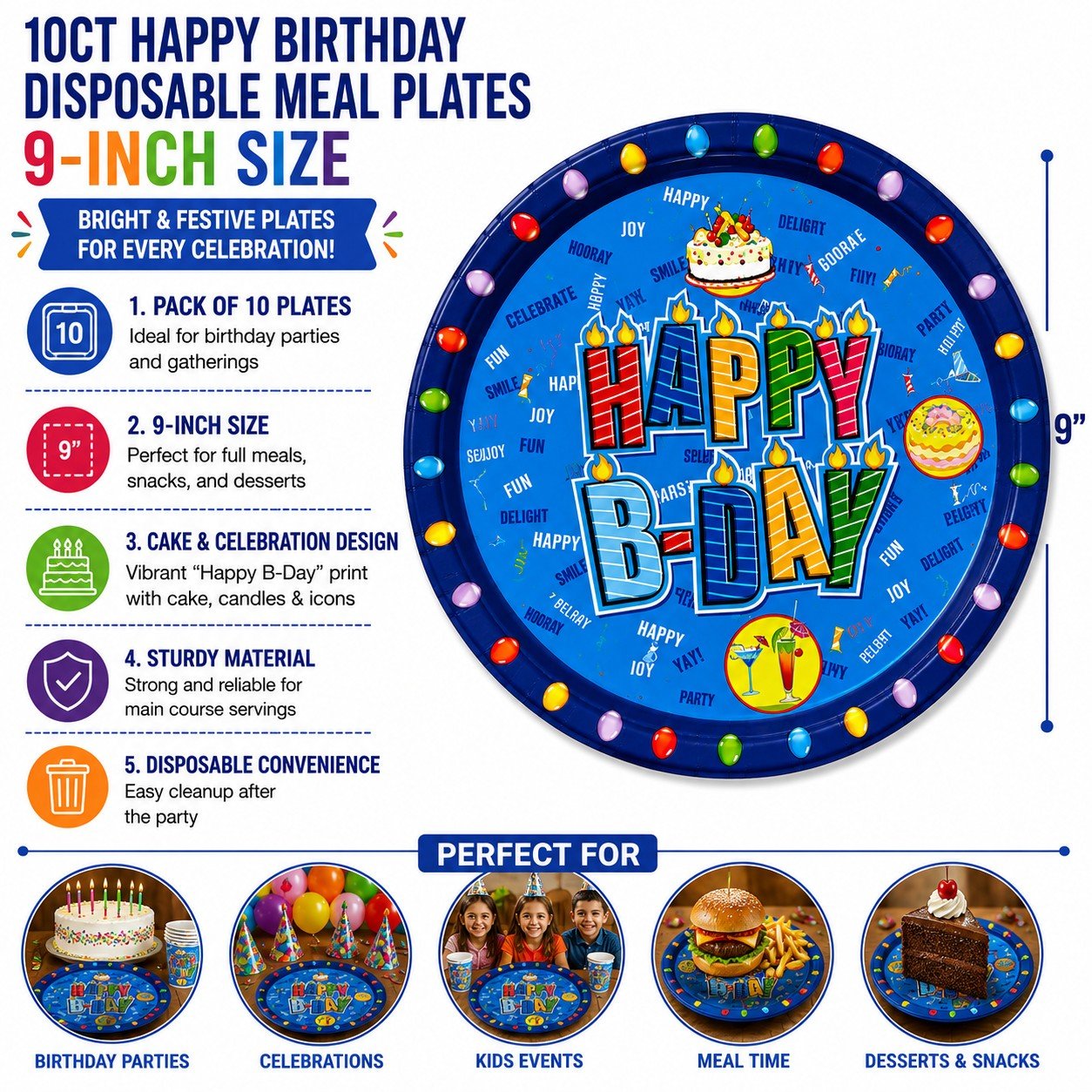 Happy Birthday disposable meal plates with colorful design and text, size 9-inch.