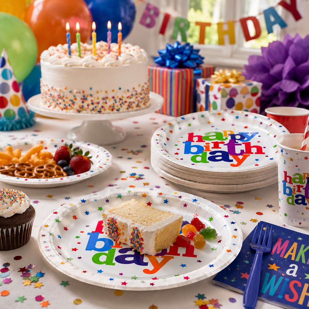Birthday party setup with cake, balloons, and colorful plates.