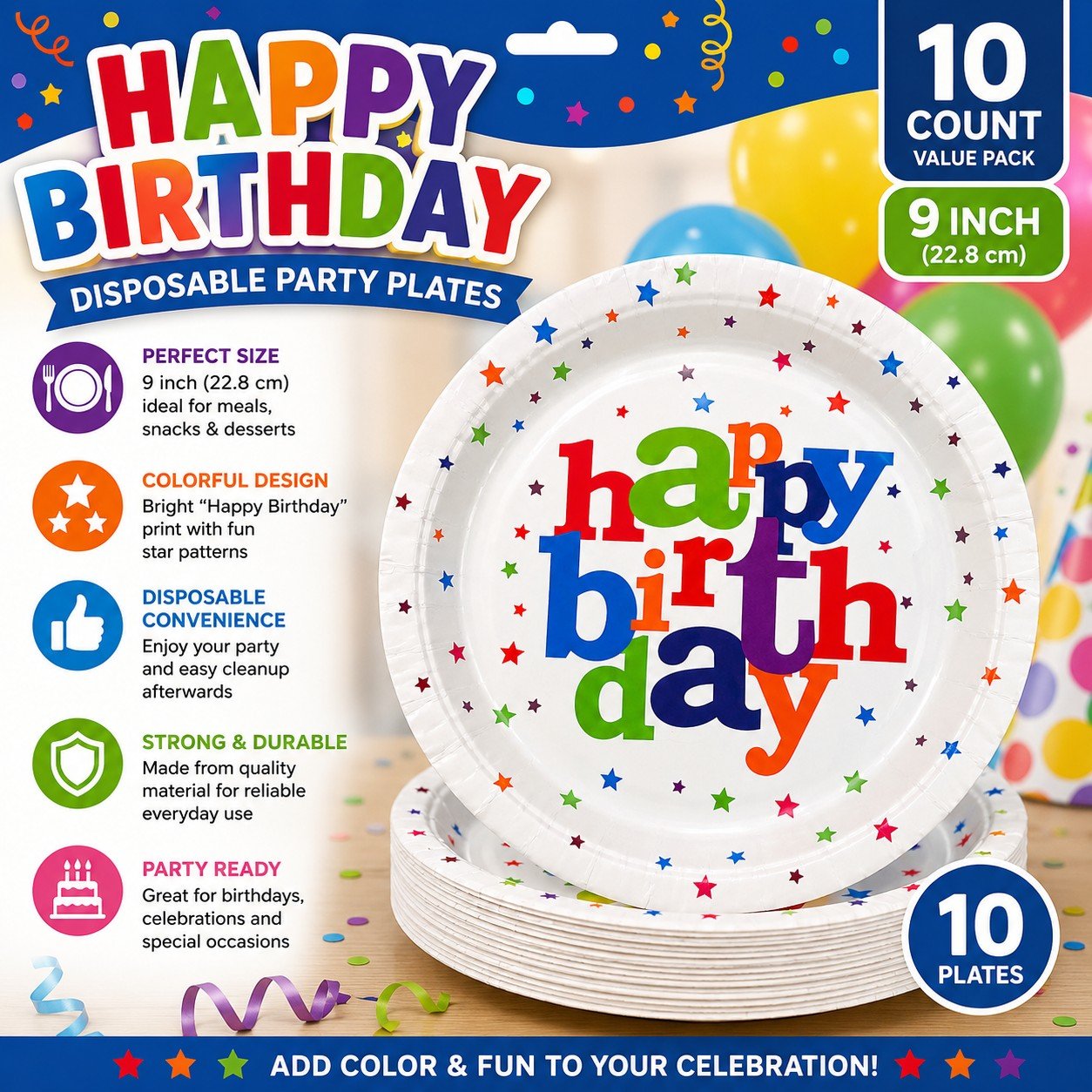 Happy Birthday disposable party plates with colorful design on a packaging background