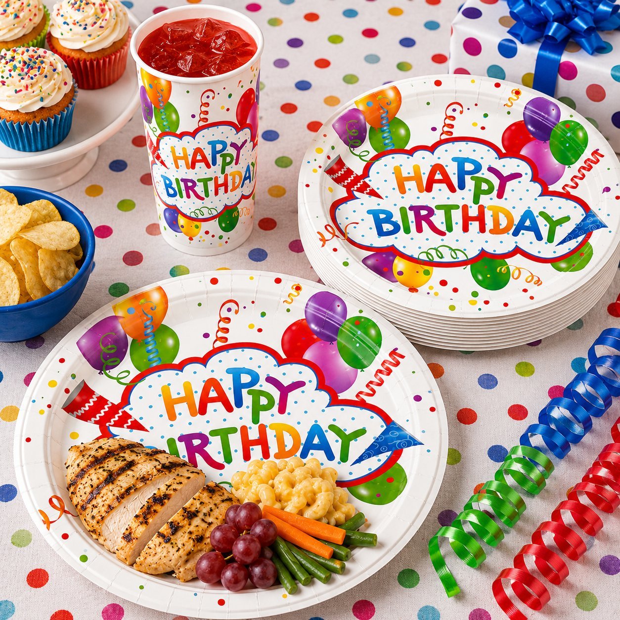 Birthday party setup with plates, cups, and food on a polka dot tablecloth.