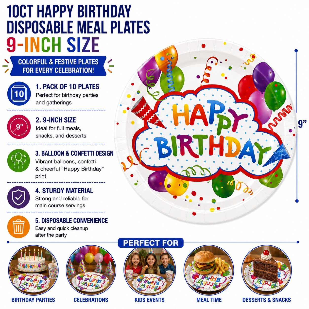 Happy Birthday disposable meal plates with colorful design and text, featuring balloons and confetti.