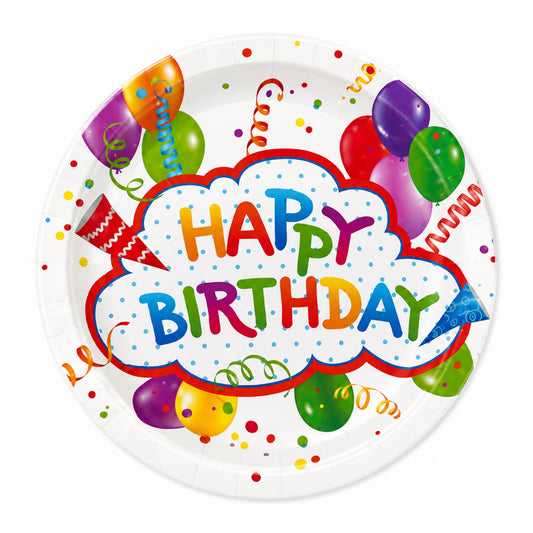 Colorful 'Happy Birthday' plate with balloons and streamers on a white background