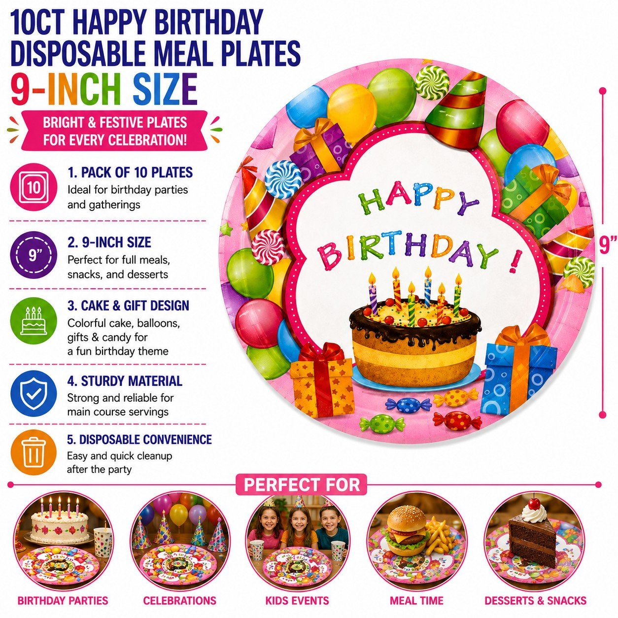 Happy Birthday disposable meal plates with colorful design and text detailing features.