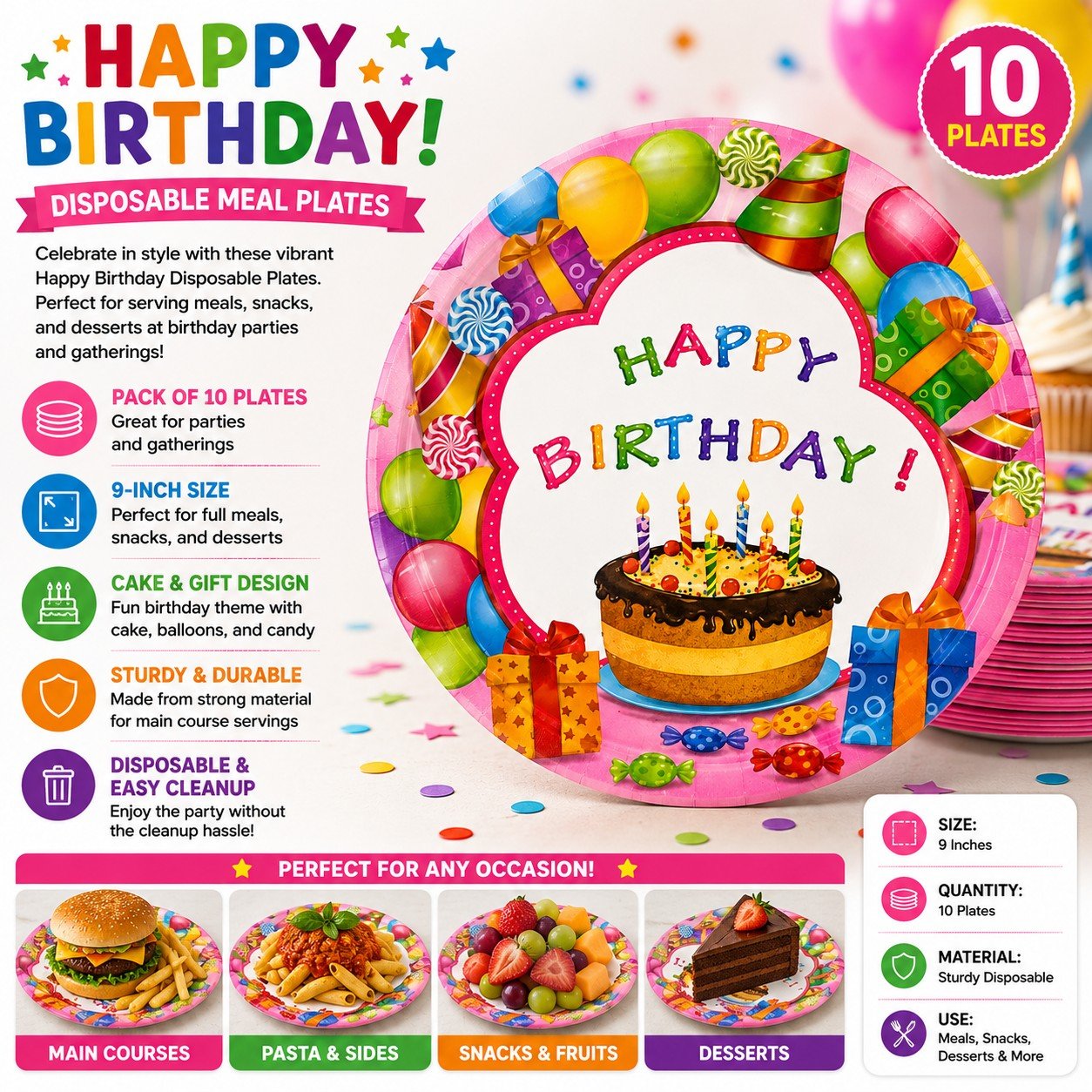 Colorful birthday disposable meal plates with a cake design and party elements.