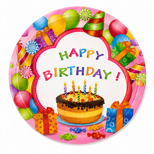 Colorful birthday-themed paper plate with cake, balloons, and presents on a white background