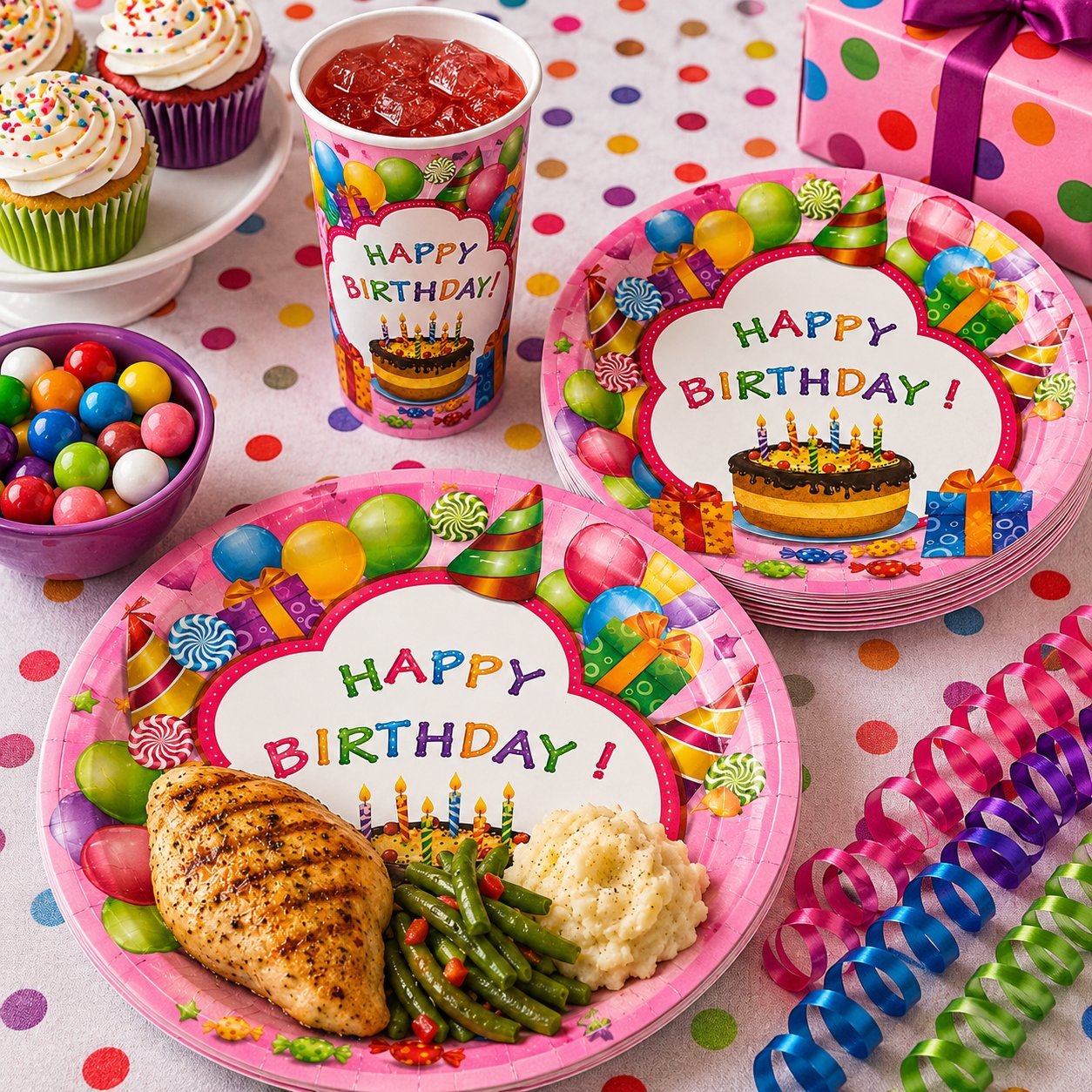 Colorful birthday party supplies including plates, cups, and a cake on a polka dot tablecloth.