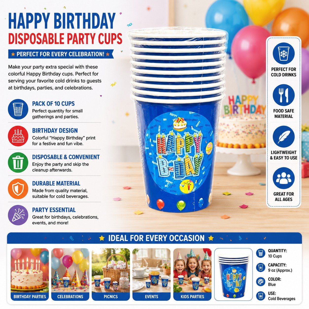 Blue disposable party cups with 'Happy Birthday' design on a table with balloons and cake.