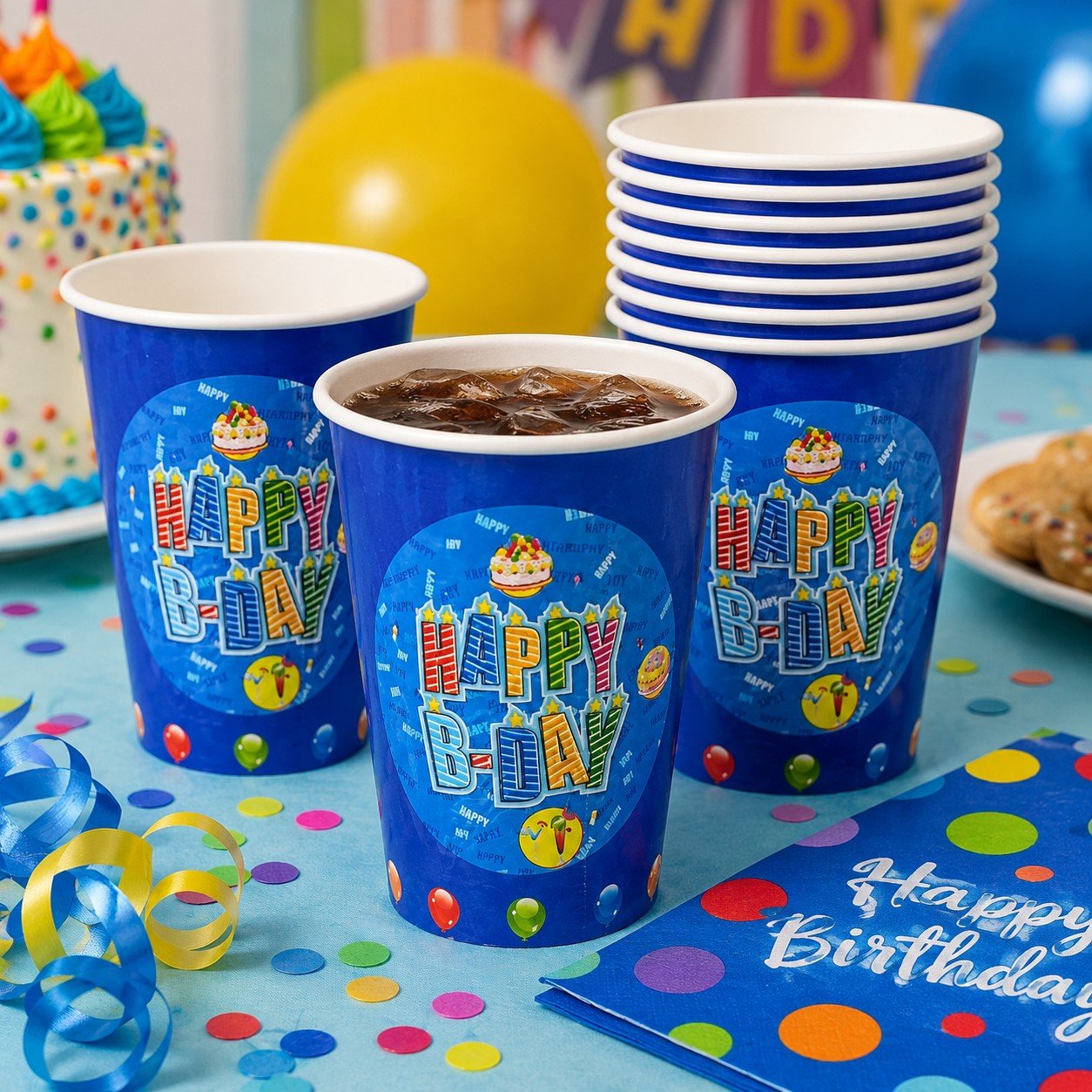 Blue 'Happy Birthday' paper cups on a festive table with colorful decorations.
