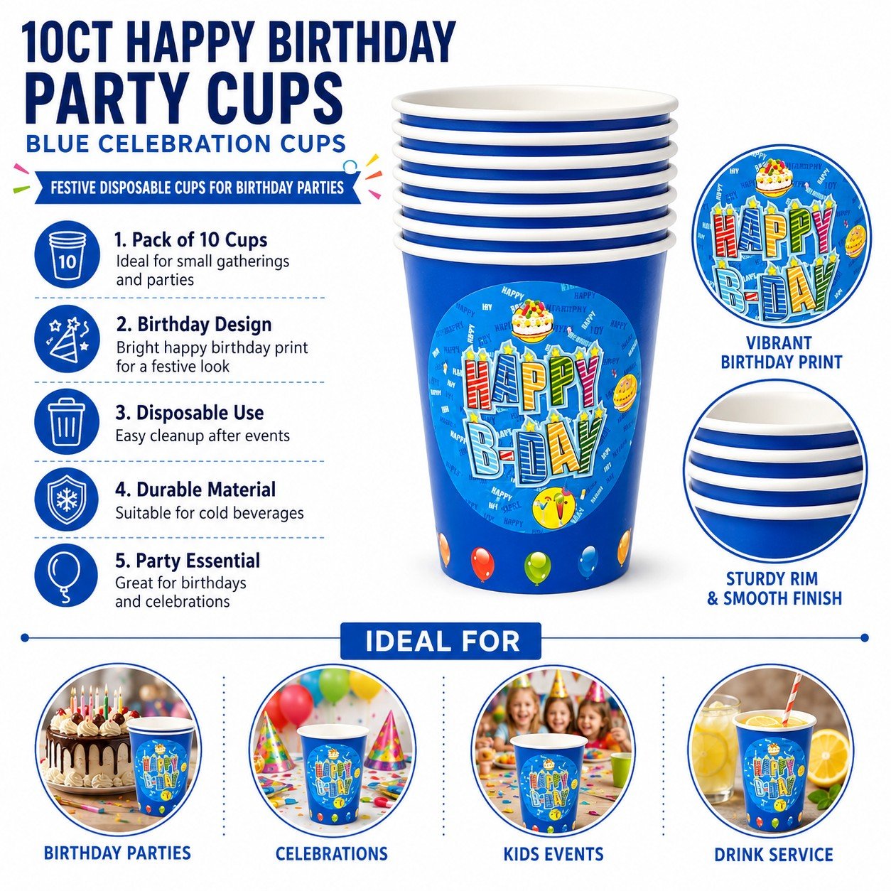 Blue birthday party cups with 'Happy B-Day' design, featuring product details and usage scenarios.