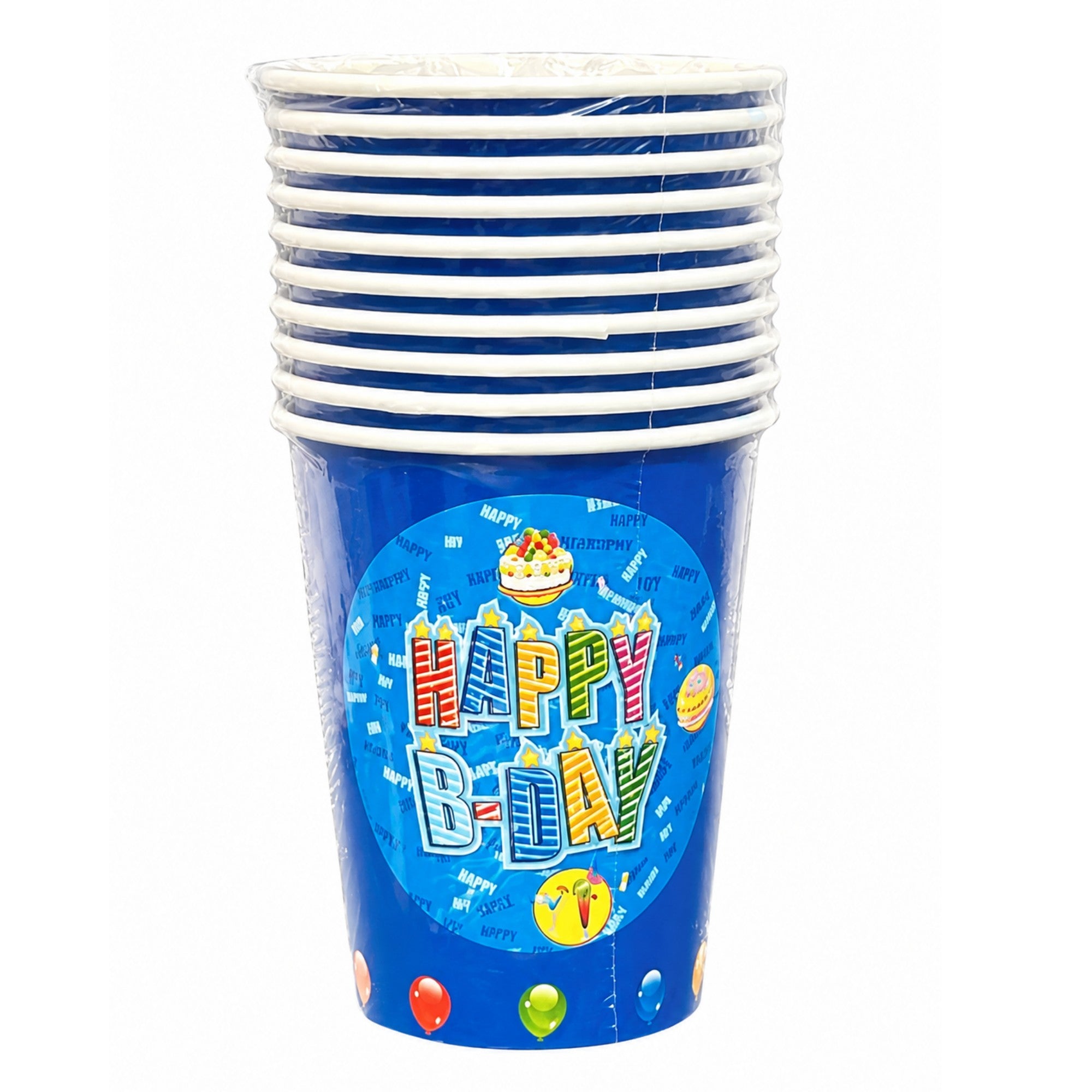 Stack of blue paper cups with 'Happy Birthday' design on a white background