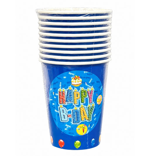 Stack of blue paper cups with 'Happy Birthday' design on a white background