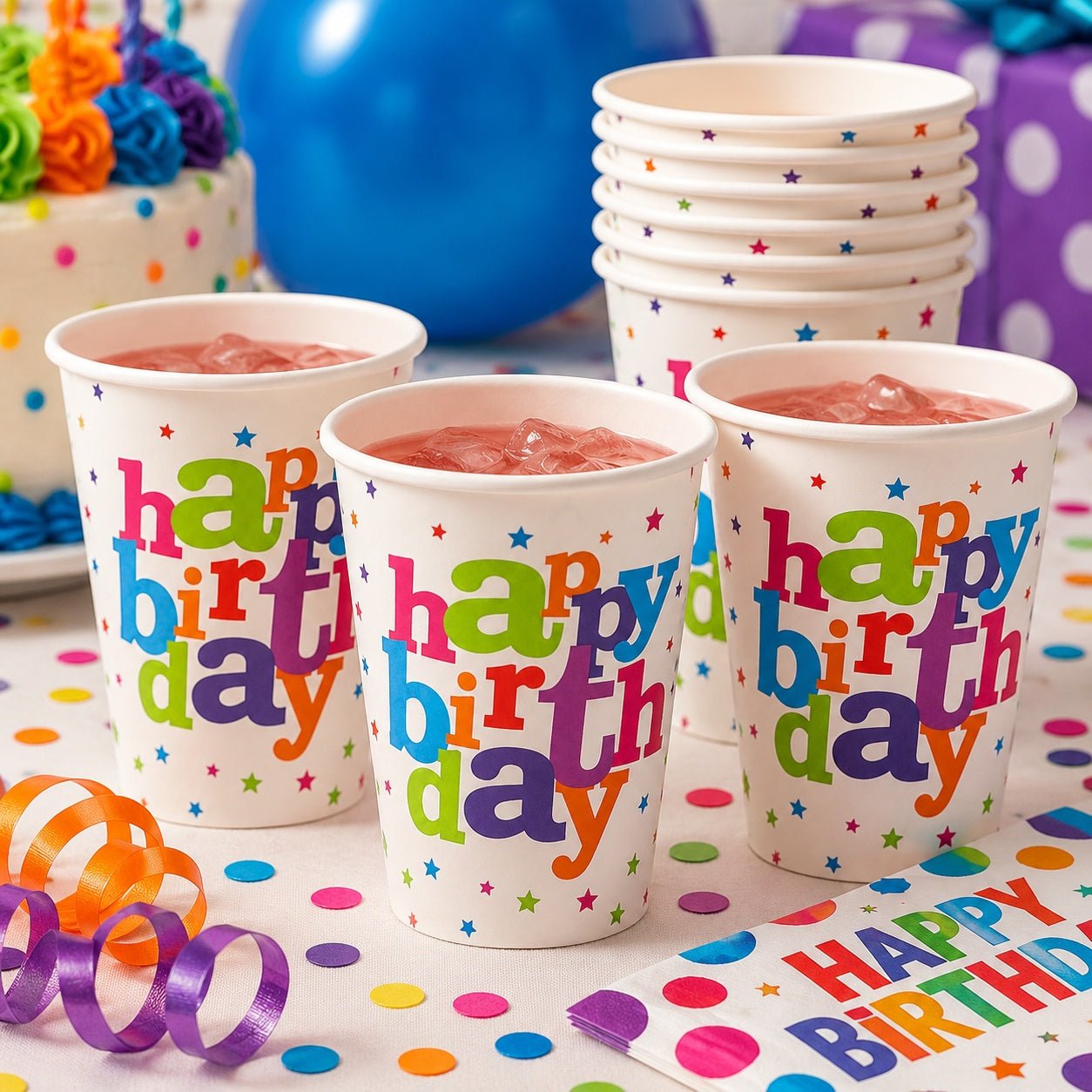 Colorful 'happy birthday' cups on a festive table with balloons and streamers.