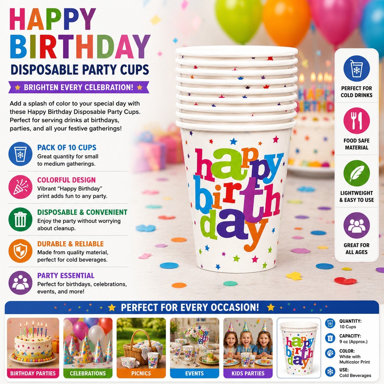 Happy Birthday disposable party cups with colorful design on a festive background