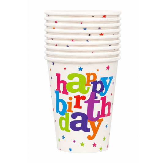 Stack of paper cups with 'happy birthday' text in colorful letters on a white background