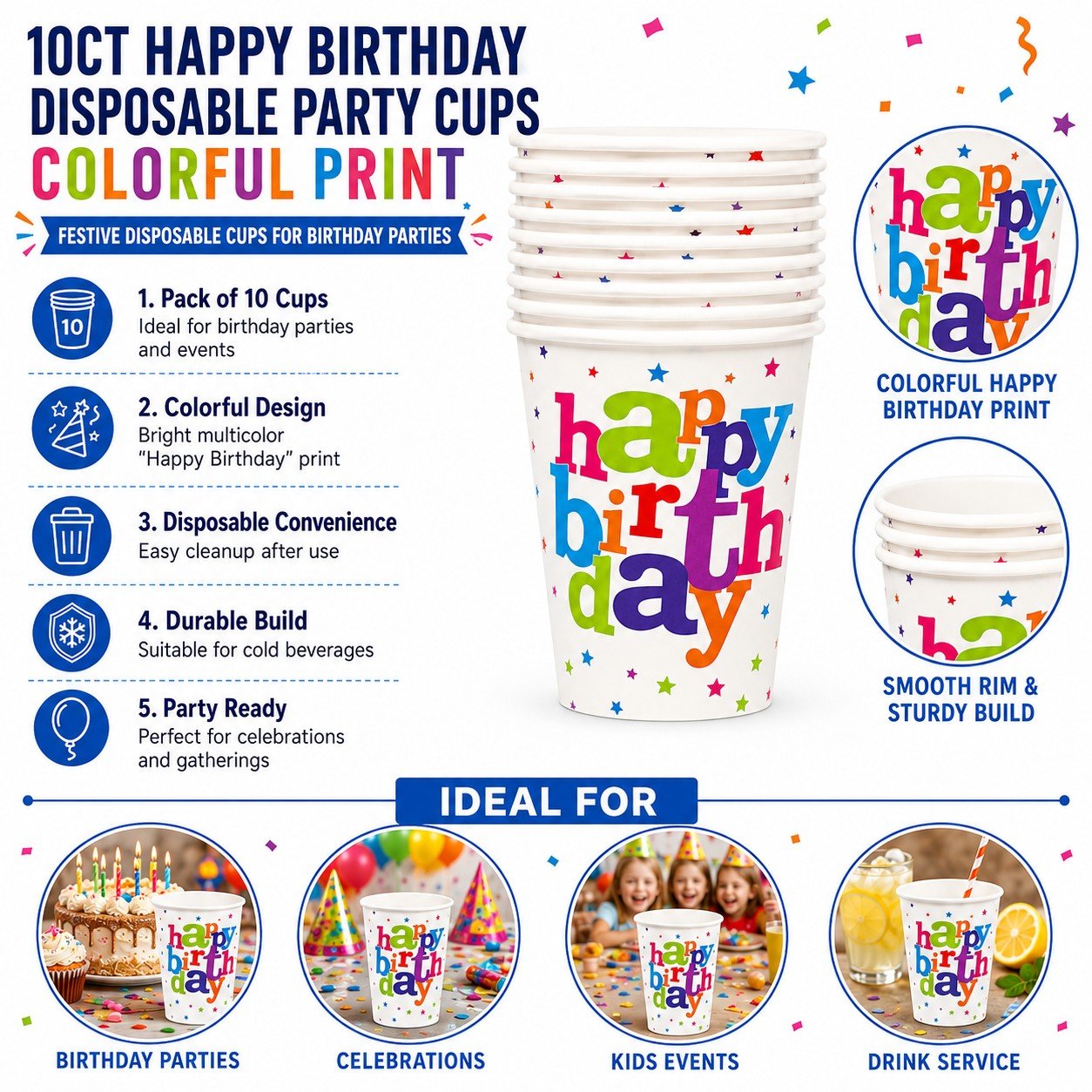 Happy Birthday disposable party cups with colorful print, ideal for birthday parties and events.