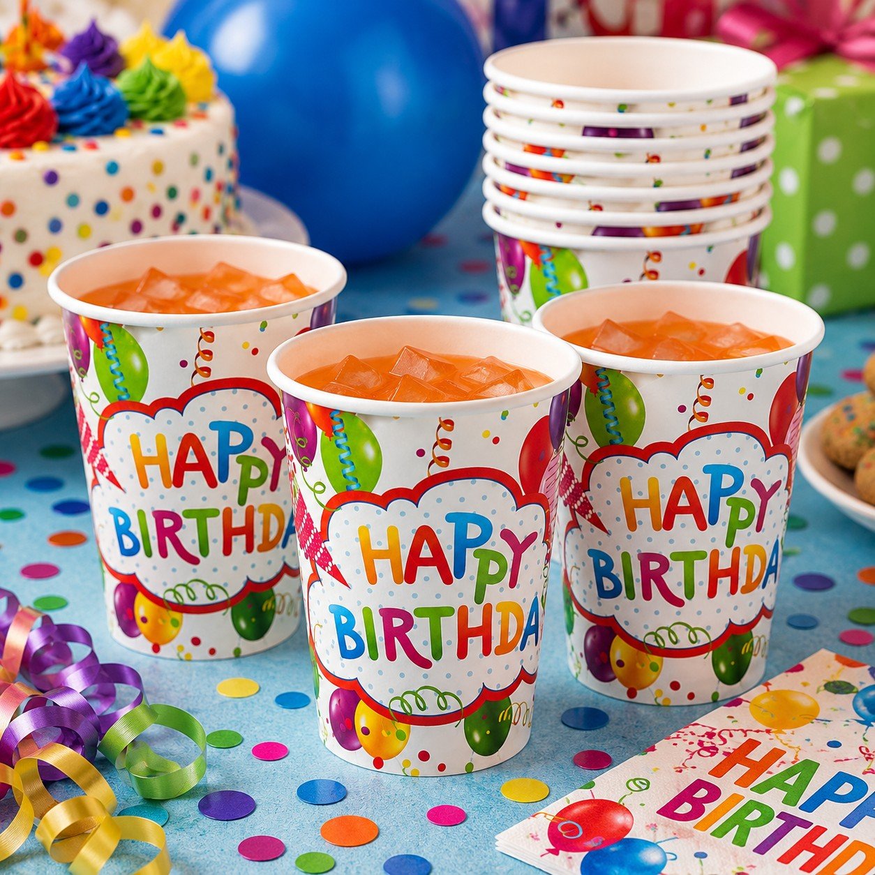 Colorful 'Happy Birthday' cups on a festive table with balloons and cake.