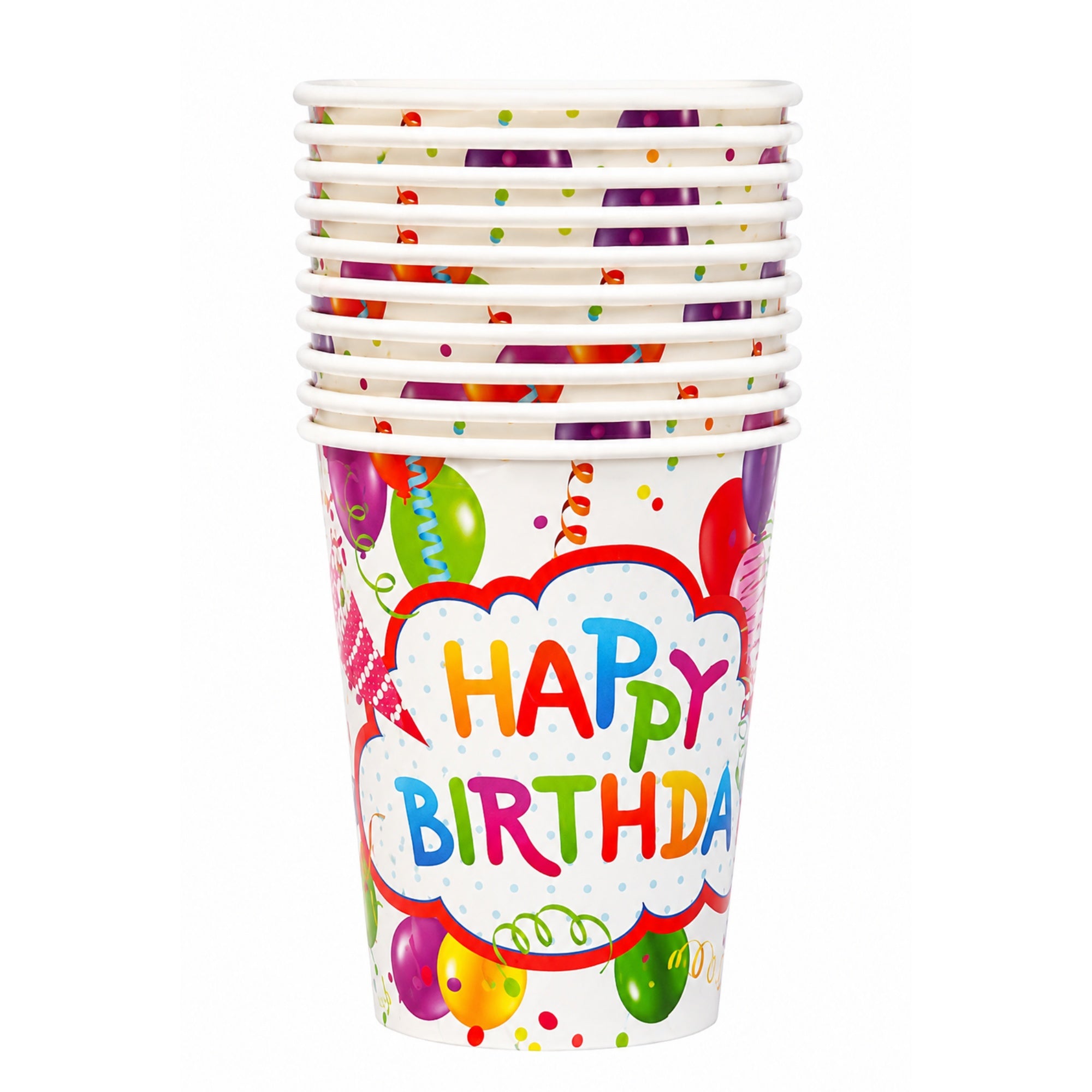 Set of colorful 'Happy Birthday' party cups on a white background