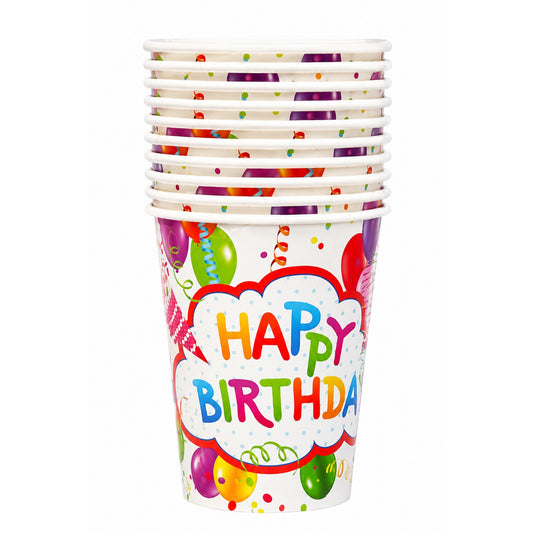Set of colorful 'Happy Birthday' party cups on a white background