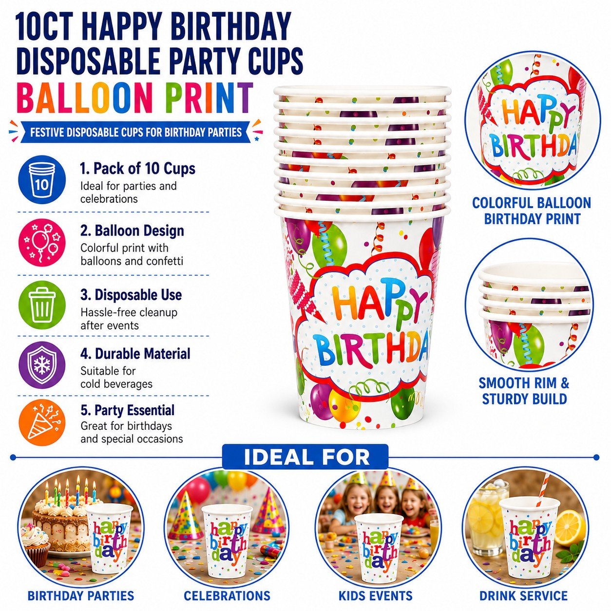 Happy Birthday disposable party cups with colorful balloon print, ideal for birthday parties and celebrations.