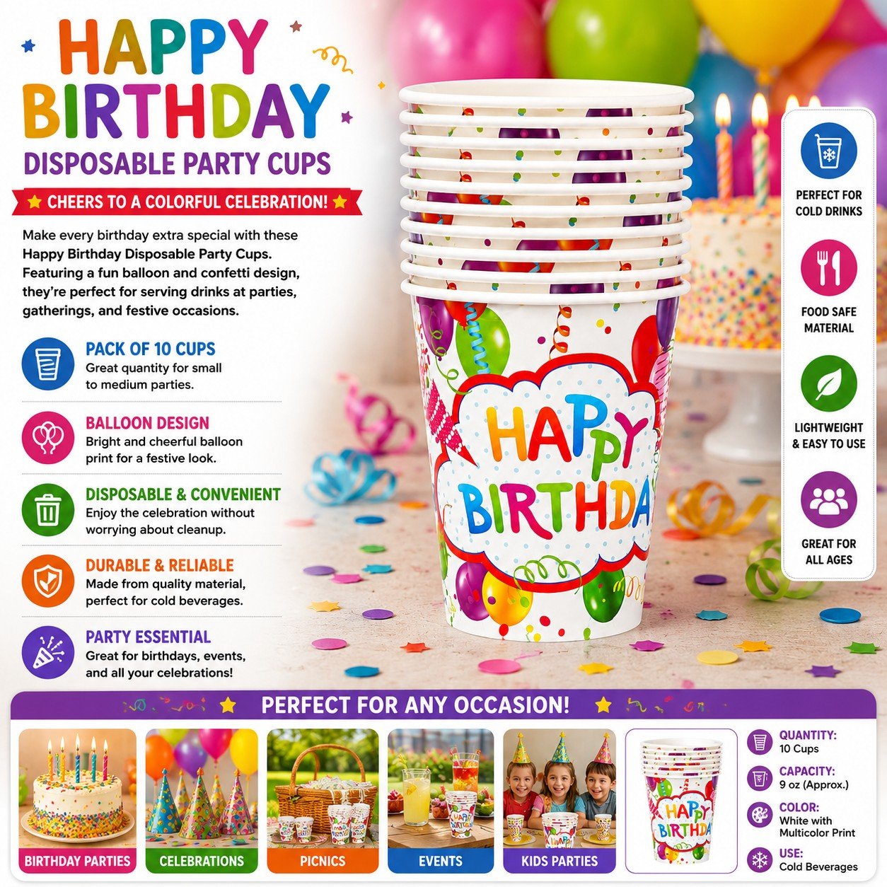 Happy Birthday disposable party cups with colorful design on a table with balloons and candles.