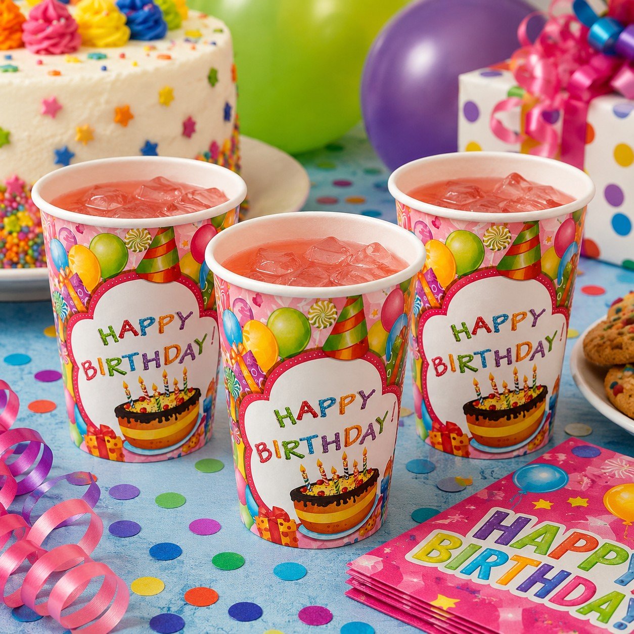 Colorful birthday-themed cups with 'Happy Birthday' text on a festive table with cake, balloons, and cookies.