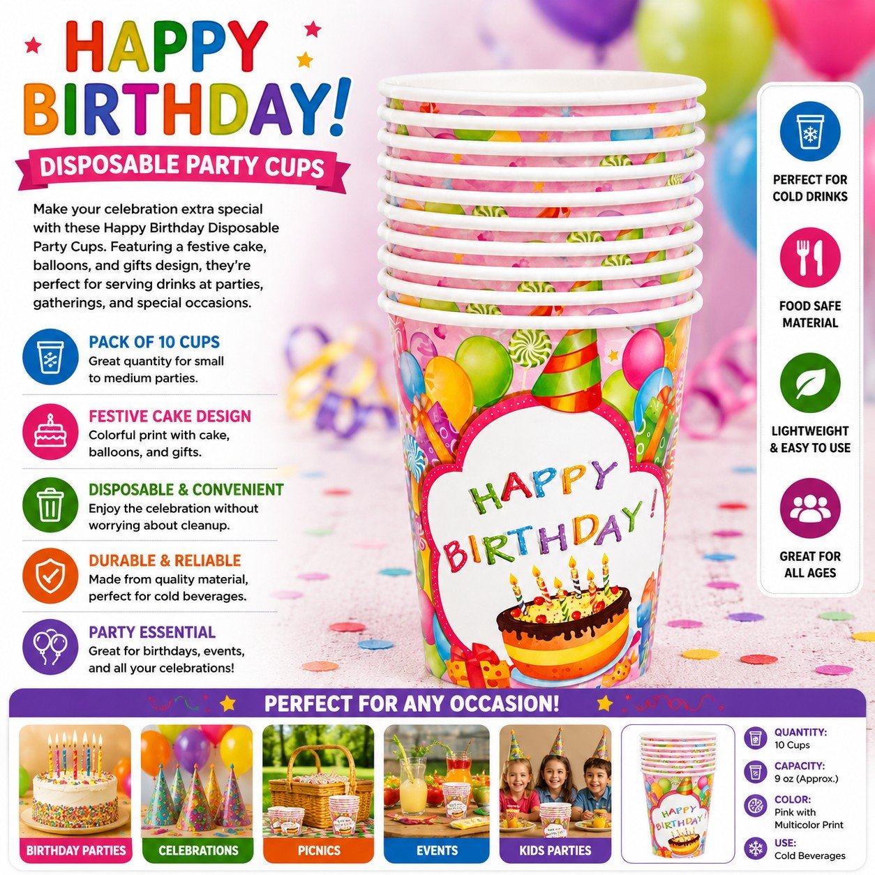 Happy Birthday disposable party cups with colorful design and text on a white background