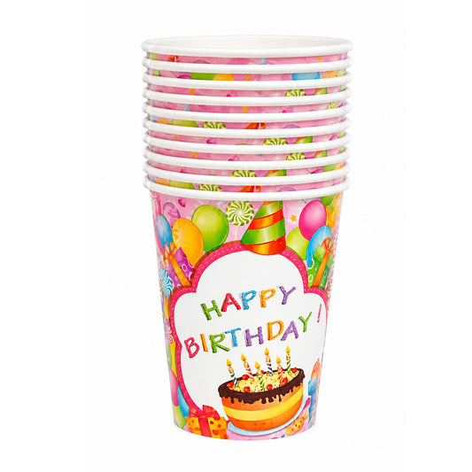 Set of colorful birthday-themed paper cups on a white background