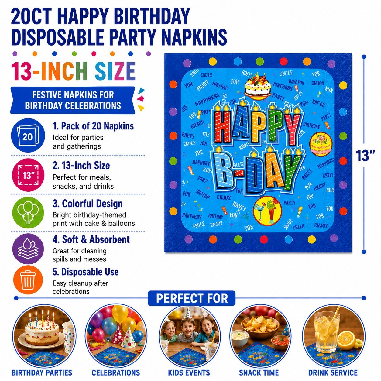 Disposable party napkins with colorful design and text, ideal for birthday parties.