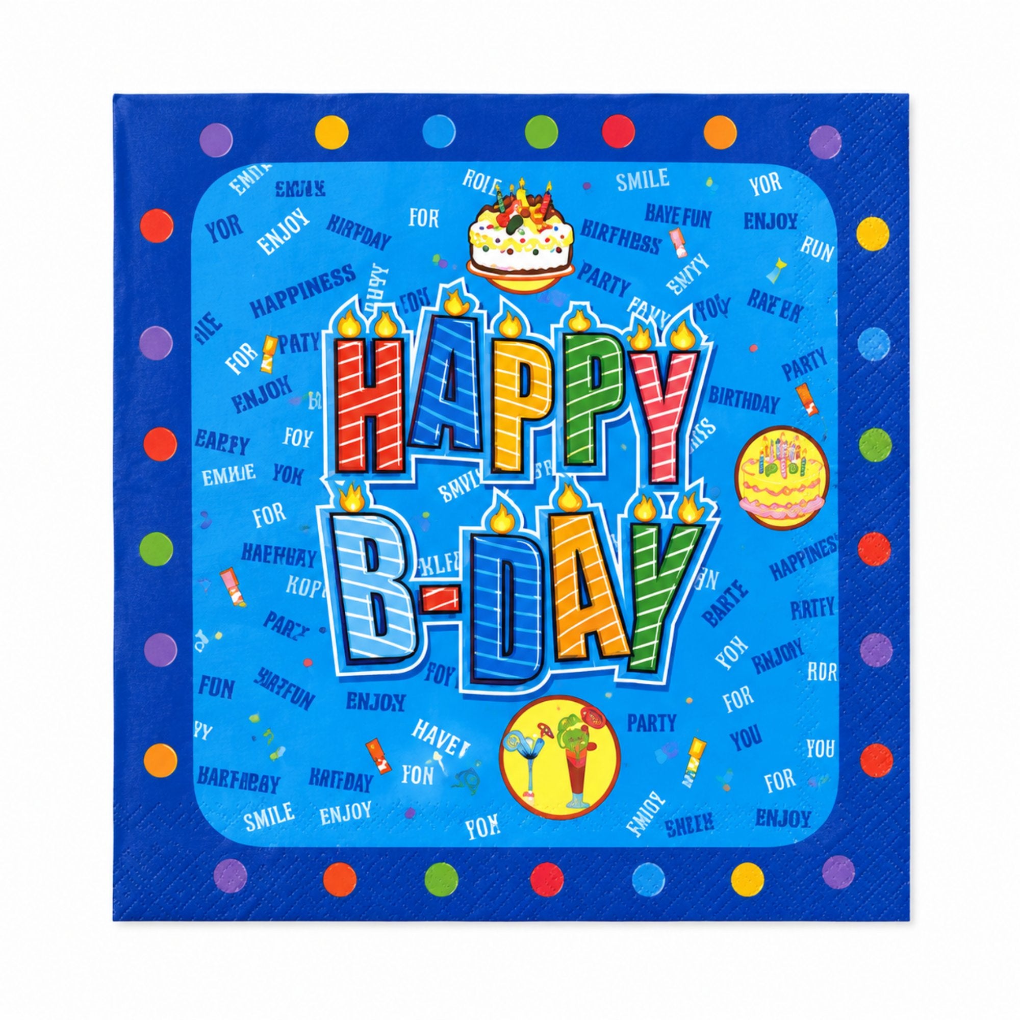 Colorful birthday-themed napkin with 'Happy B-Day' text on a blue background