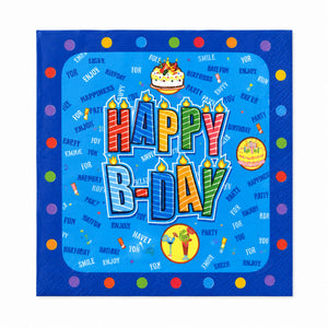Colorful birthday-themed napkin with 'Happy B-Day' text on a blue background