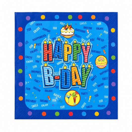 Colorful birthday-themed napkin with 'Happy B-Day' text on a blue background