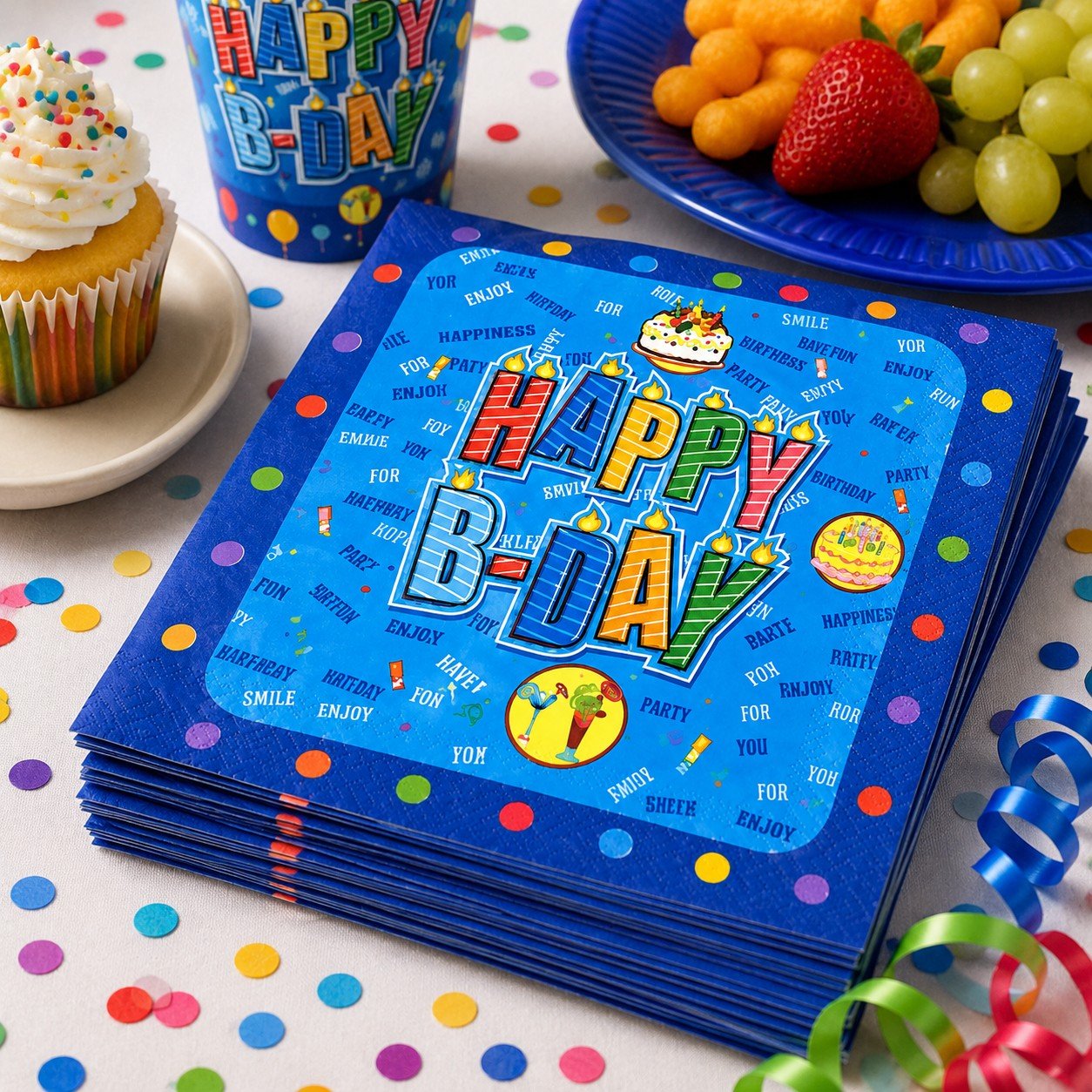 Stack of 'Happy B-Day' birthday napkins on a festive table with colorful confetti, a cupcake, and fruit.