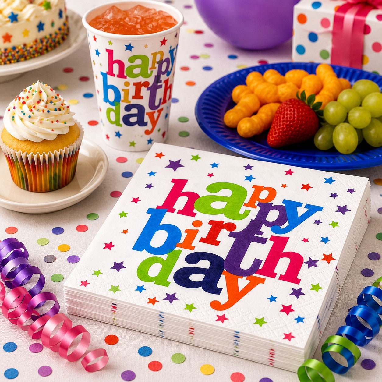 Birthday-themed table setting with colorful 'happy birthday' napkins, cupcake, and drinks.