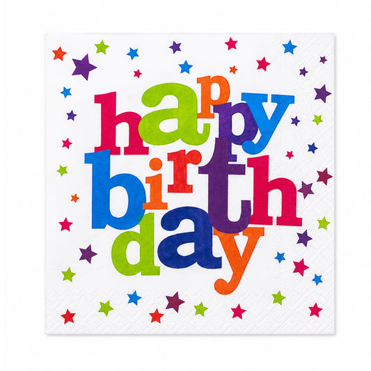 Colorful 'happy birthday' text with stars on a white background