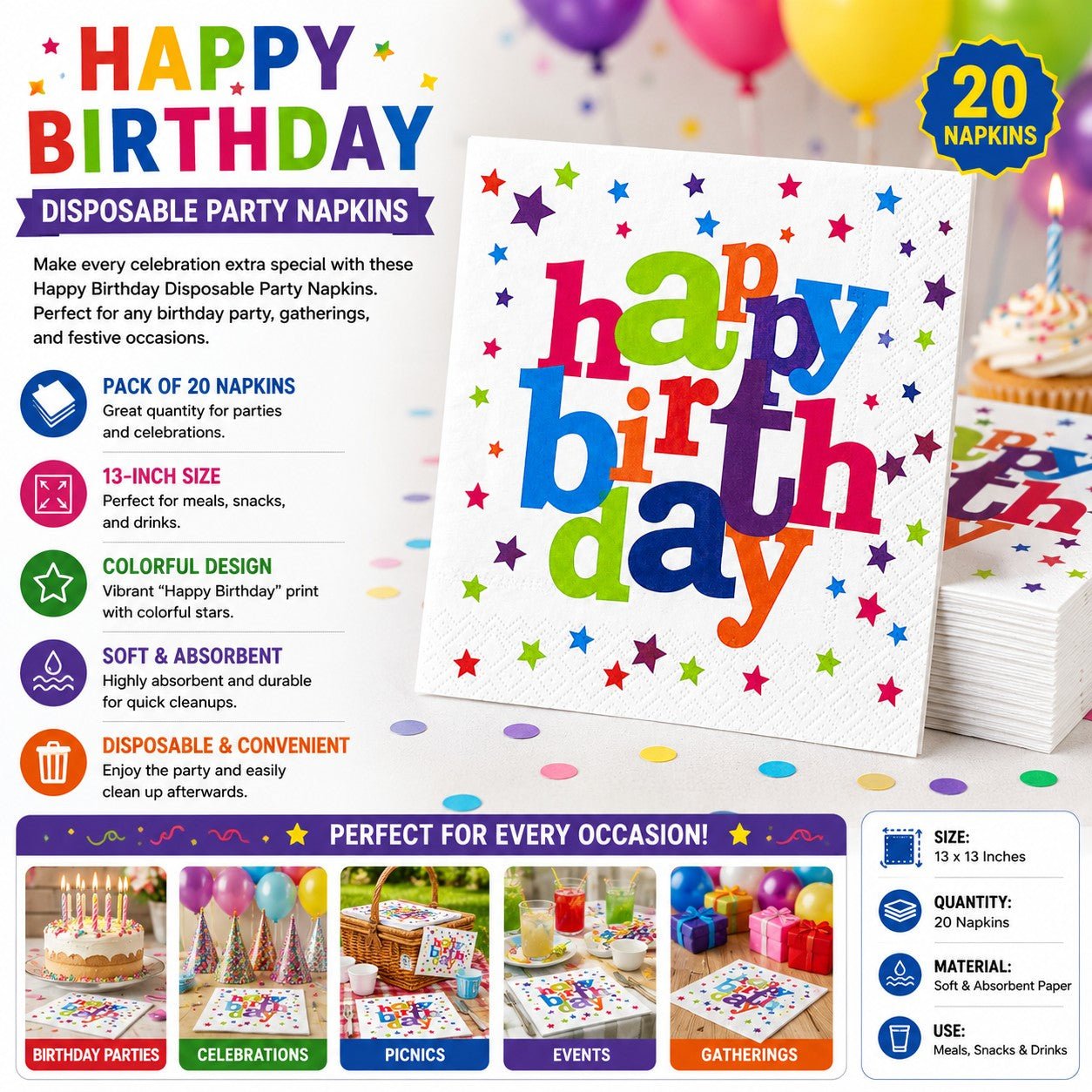 Happy Birthday disposable party napkins with colorful design on a white background